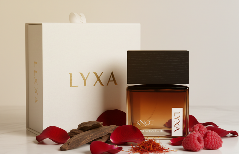 Knot by Lyxa luxury perfume bottle on marble with Agarwood, Rose, Raspberry, Saffron
