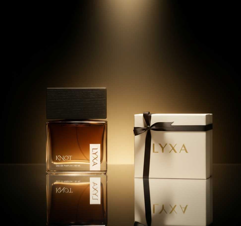 Young bold model using Lyxa Knot luxury perfume – premium signature scent