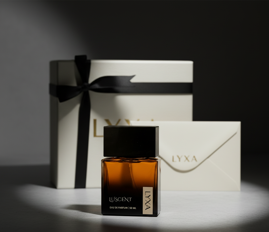 Luscent Perfume bottle on luxury background - ginger top note, woodsy middle, bourbon vanilla base, long-lasting premium fragrance.