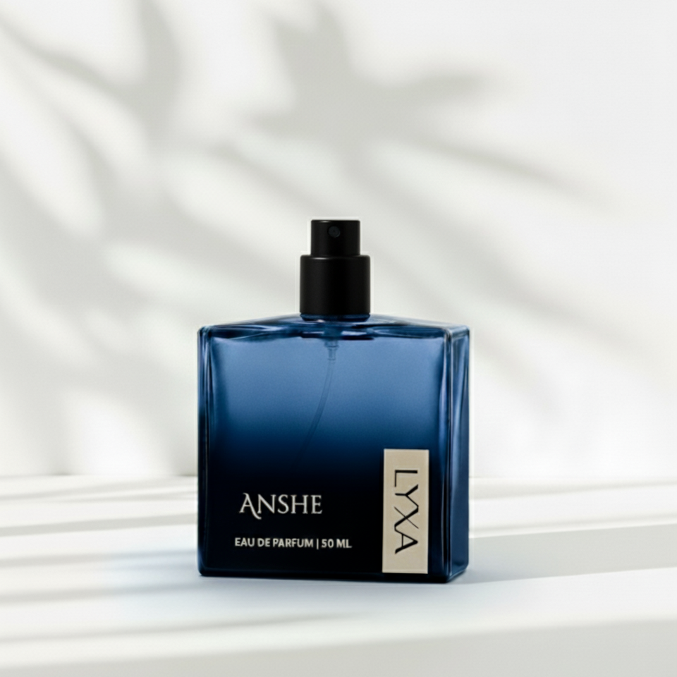 Close-up of Anshe by Lyxa perfume bottle showing premium design and rich fragrance notes.