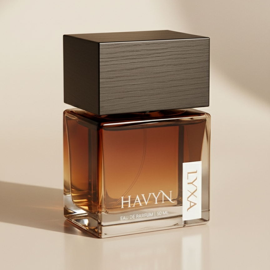 Luxury Havyn perfume bottle in lifestyle shot showing elegant design and long lasting fragrance for men and women.