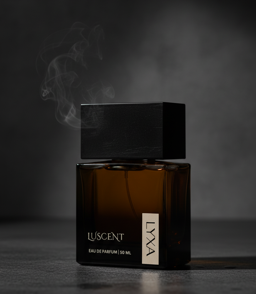 luscent Perfume bottle with smoke effect on a dark background in premium perfume segment long lasting