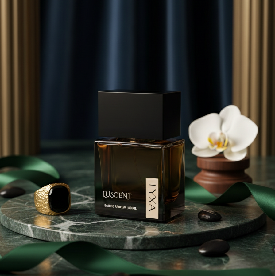 Luscent by Lyxa luxury perfume flatlay showing elegant fragrance and timeless scent appeal.