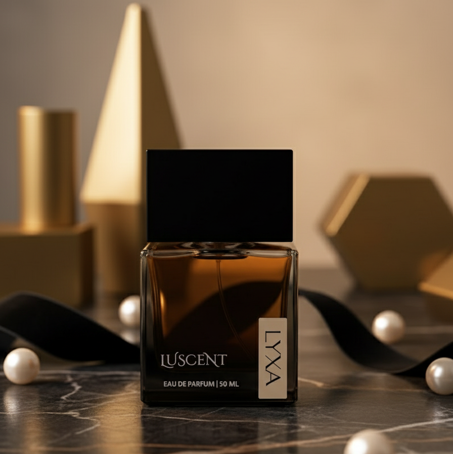 Close-up of Luscent by Lyxa perfume bottle showing premium glass design and rich fragrance.