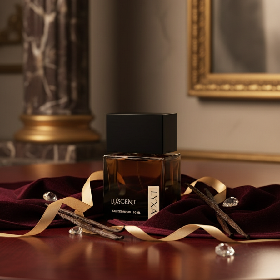 Luscent by Lyxa premium perfume bottle captured on dark background highlighting luxury and depth of fragrance.