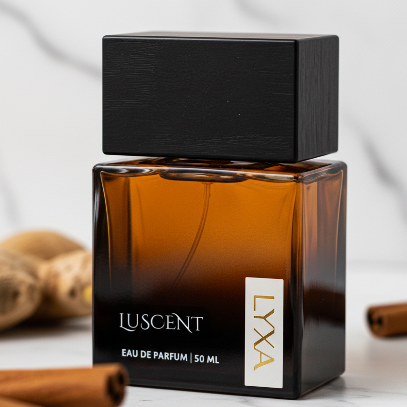 Close-up of Luscent Perfume bottle highlighting premium design - ginger, woodsy, bourbon vanilla fragrance, long-lasting luxury perfume.