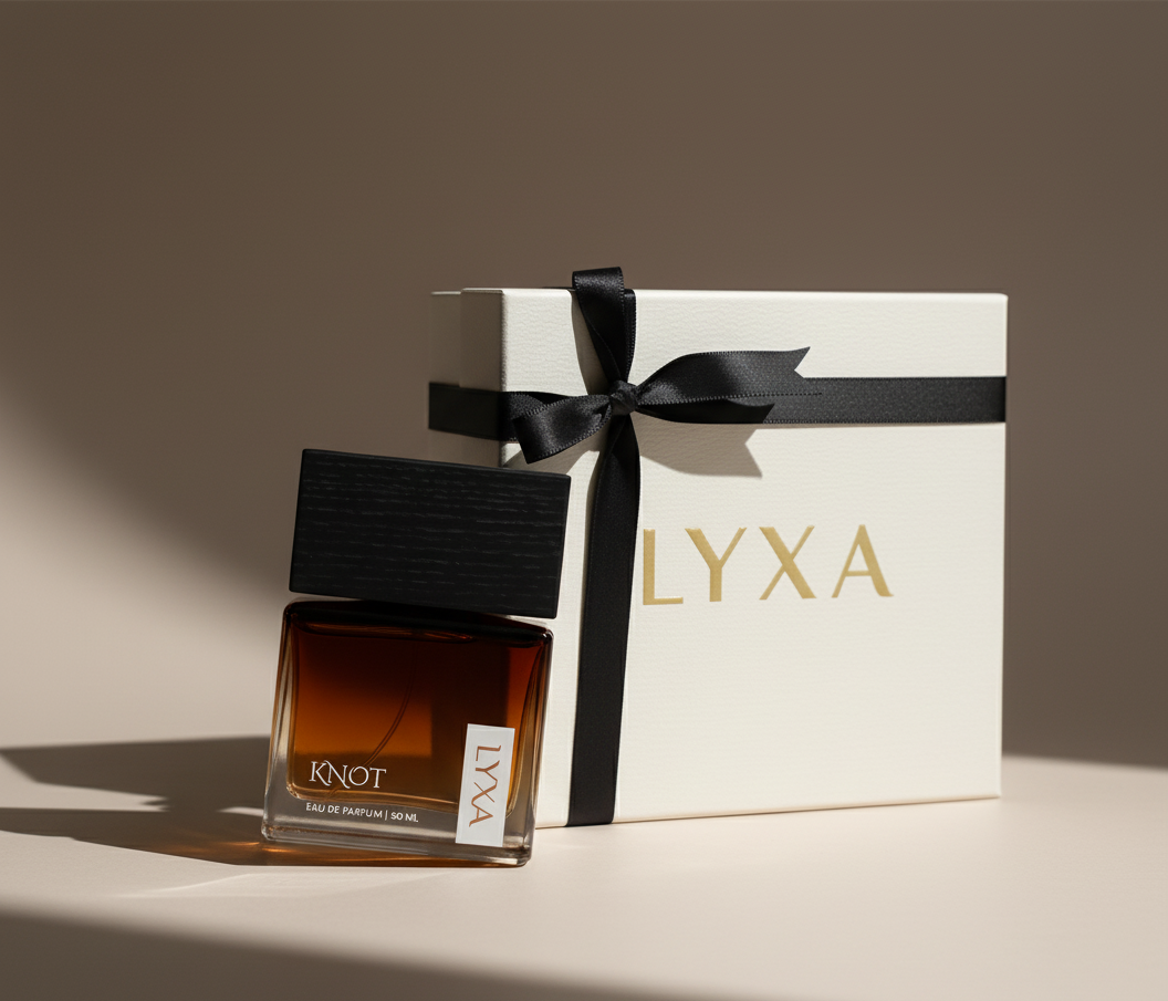 LYXA perfume bottle with packaging on a beige background