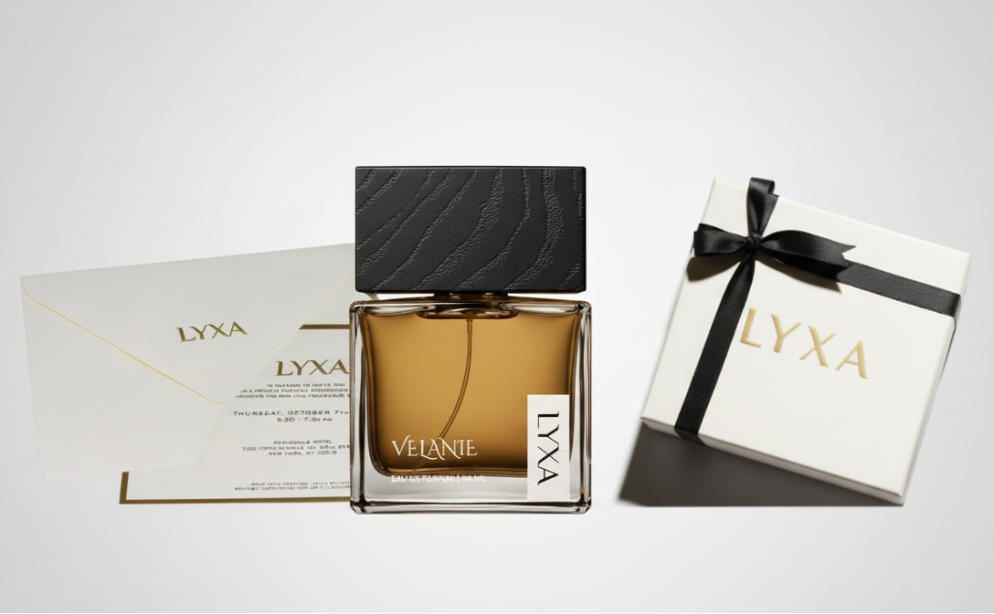 Model enjoying Lyxa Velanie perfume – fresh, light-hearted, elegant fragrance