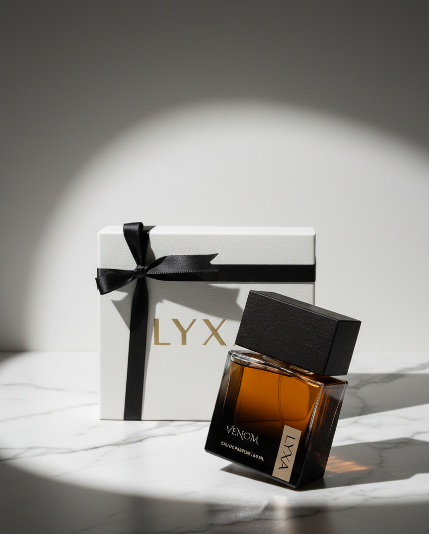 Lyxa Venom luxury perfume flatlay with premium accessories