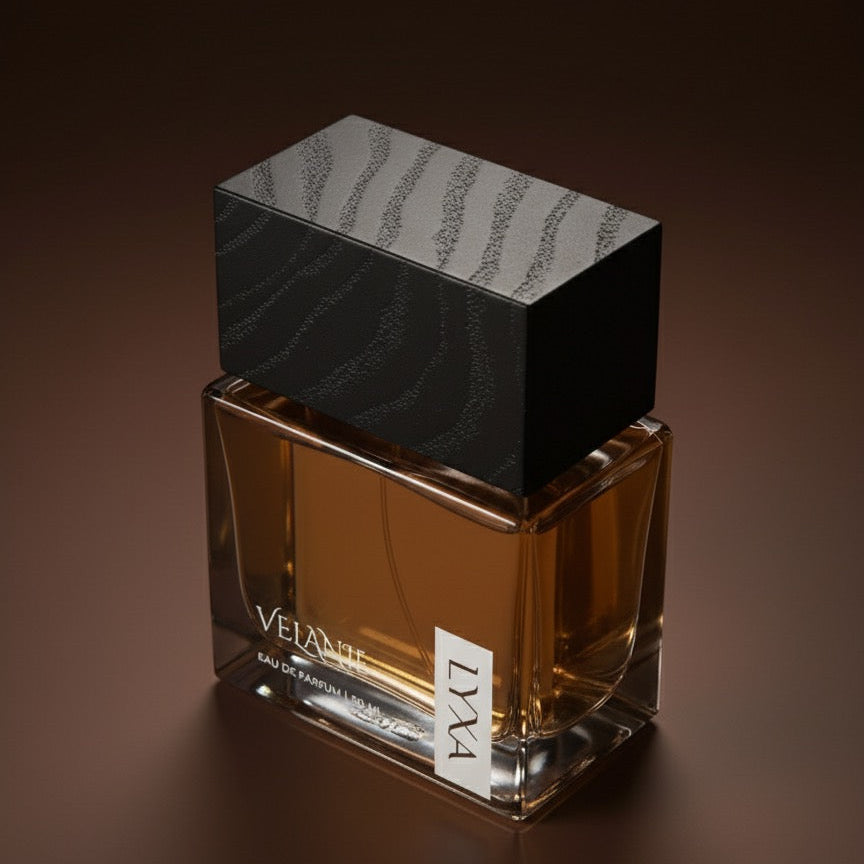 Flat lay of Velanie by Lyxa long lasting perfume with luxury accessories for modern fragrance lovers.