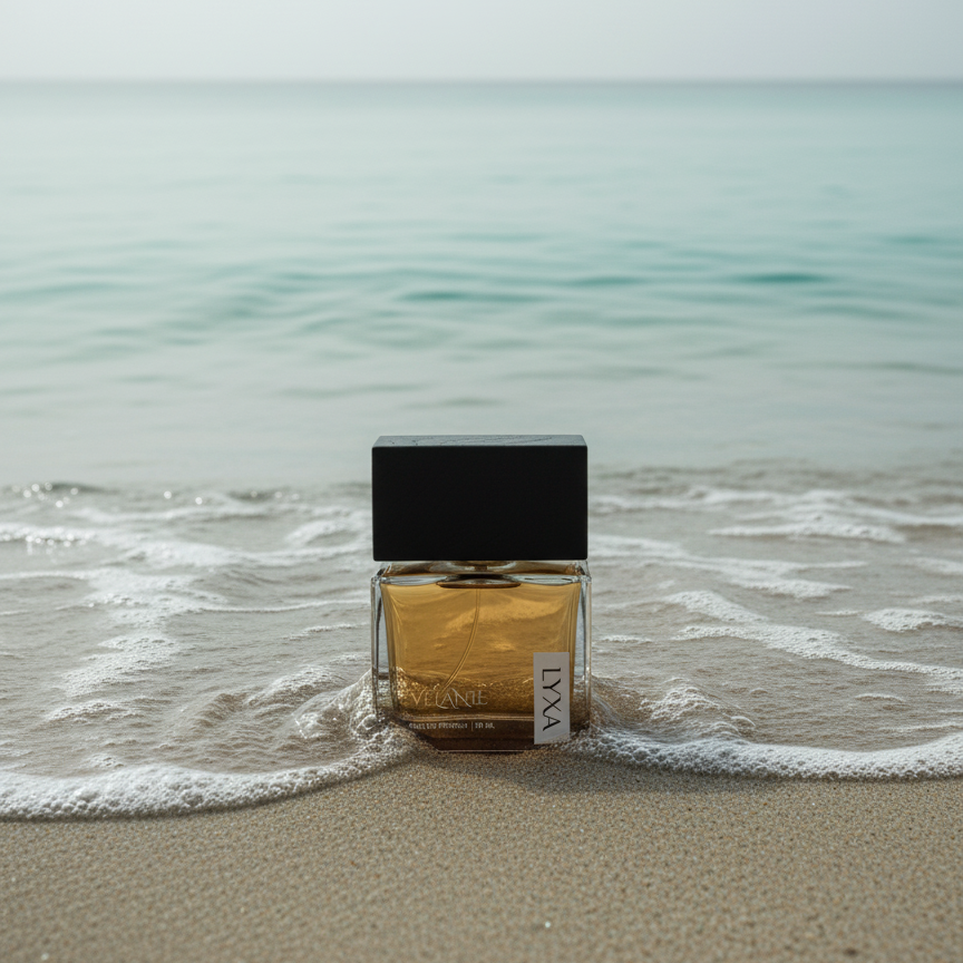 Velanie by Lyxa perfume bottle captured in natural light, featuring long lasting floral fragrance for everyday elegance.