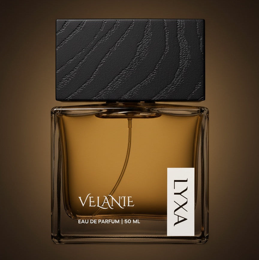 Close-up of Velanie by Lyxa perfume bottle showing premium glass design and refined scent quality.