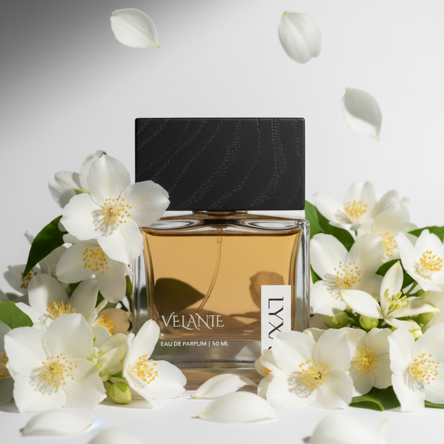 Velanie by Lyxa perfume bottle with box showcasing premium packaging and long lasting fragrance.