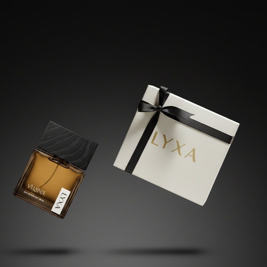 Velanie by Lyxa premium perfume bottle on dark background highlighting elegant design and rich fragrance.